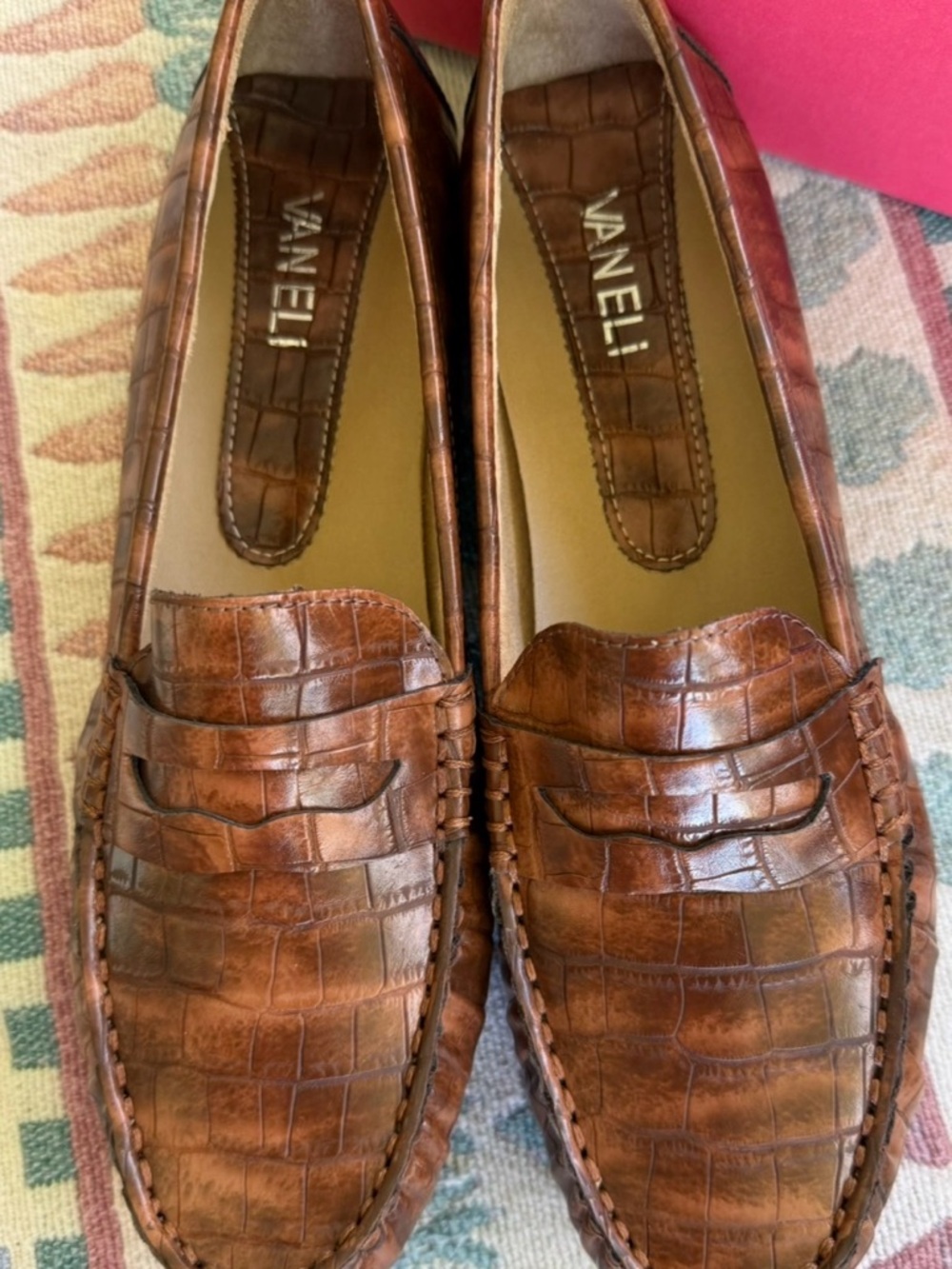 Vaneli Italian Cognac Croc-Embossed Leather Penny Loafers